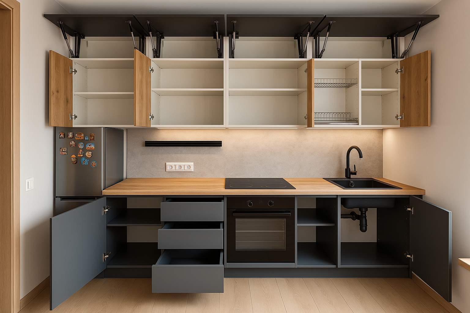 Кухня прямая скандинавская — Серо-зелёный и дуб